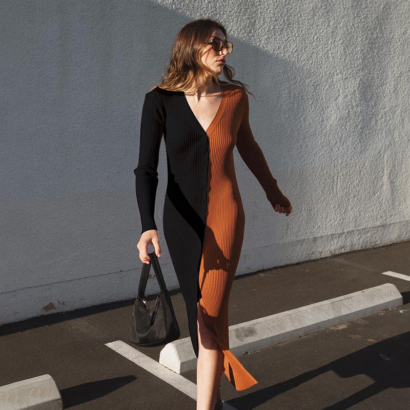 Colorblock Abril Button Front Knit Midi Dress Black Tan