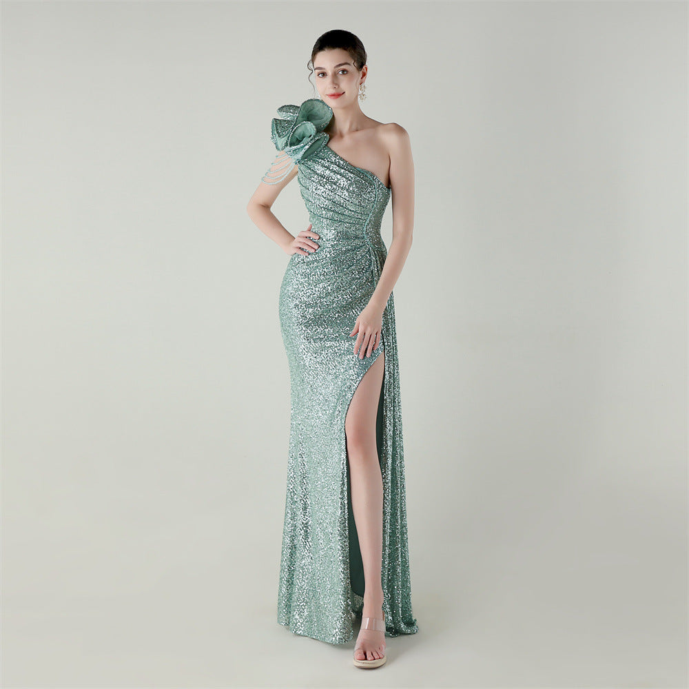 Craft Flower Beaded One Shoulder Diagonal Collar Fishtail Evening Dress Dinner Wedding Awards Ceremony Social Dress