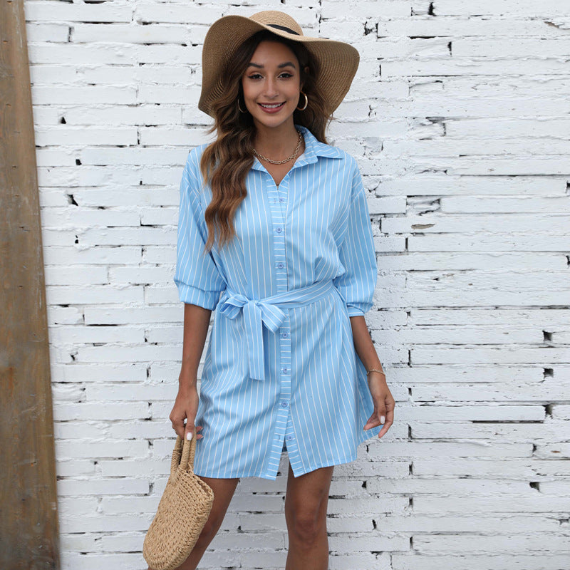 Satin Kye Striped Button Down Tie Dress