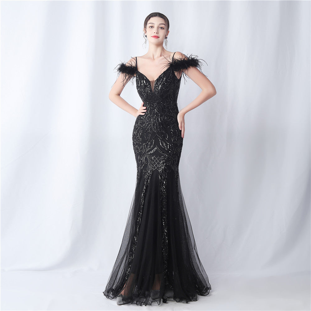Ostrich Feather Craft Mesh Positioning Flower Sequin Annual Meeting Wedding Evening Dress