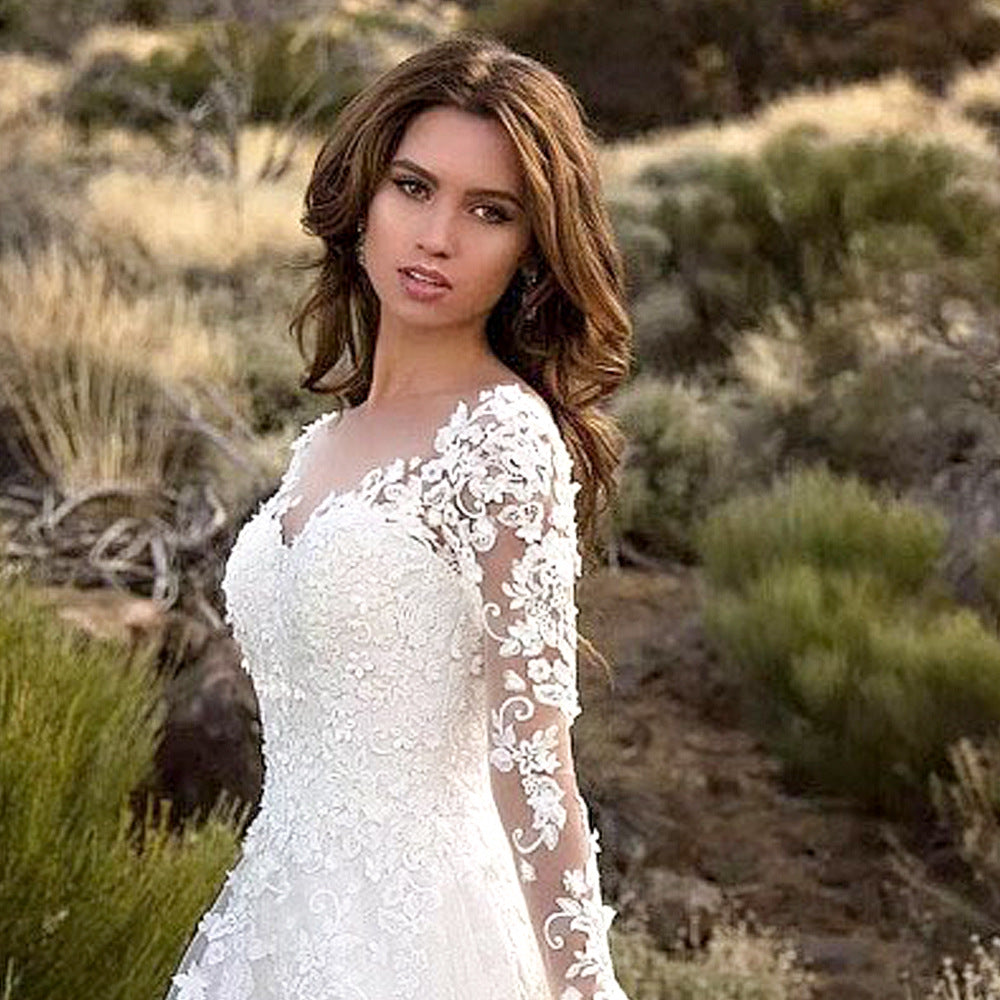 Women Clothing Dress Extended Sleeve Solid Color See through Lace Bridal Wedding Dress