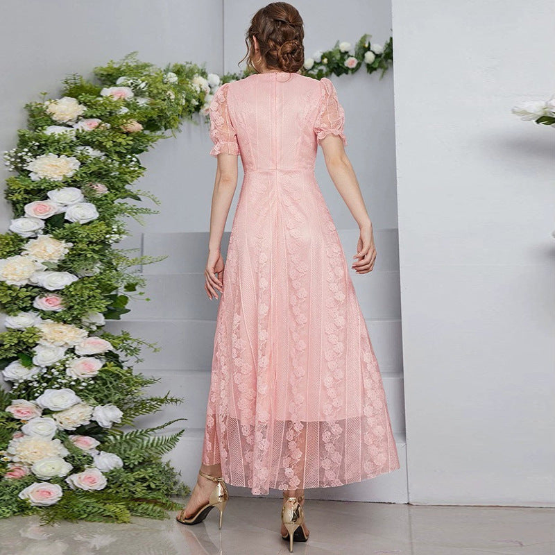 French Minority Spring Summer Slimming Mesh Stitching U Collar Solid Color Dress Maxi Dress Women Clothing