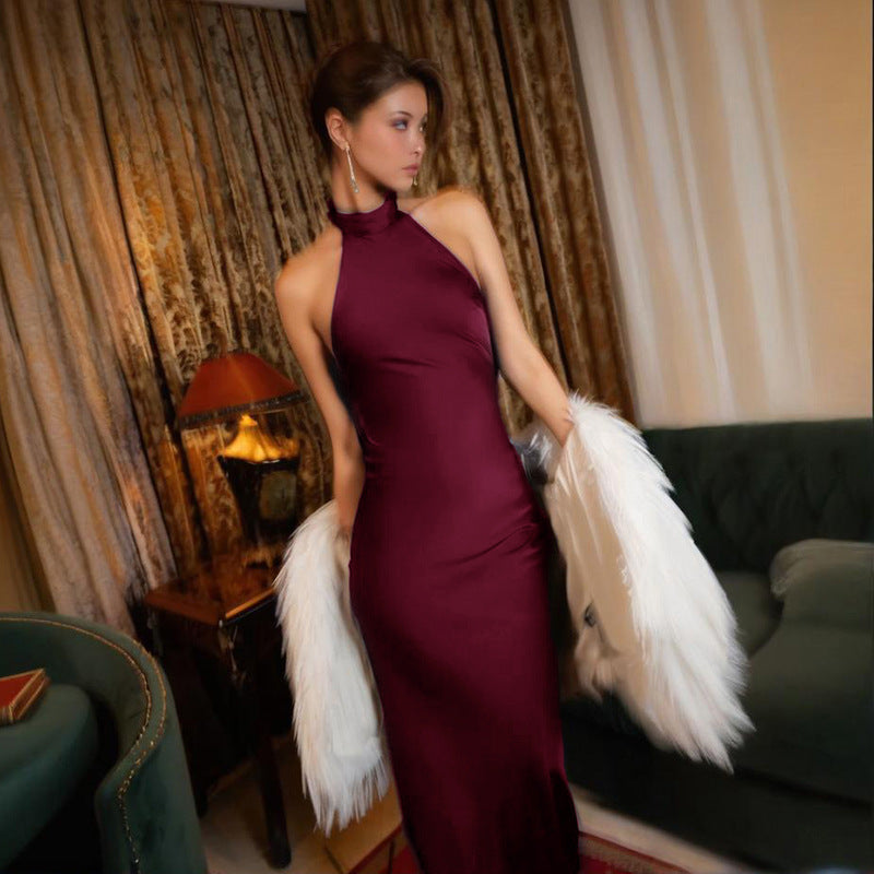 Sexy Backless Halter Satin Dress Women Refined Dress Maxi Dress