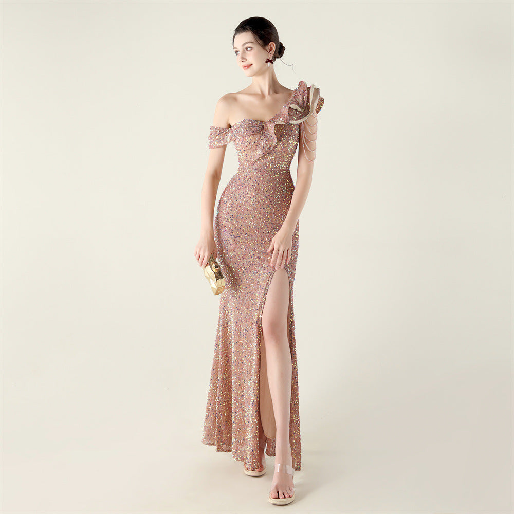 One Shouldered Pleated Ruffled Embellished Beaded Chain Sequined Evening Dress Cocktail Wedding Red Carpet
