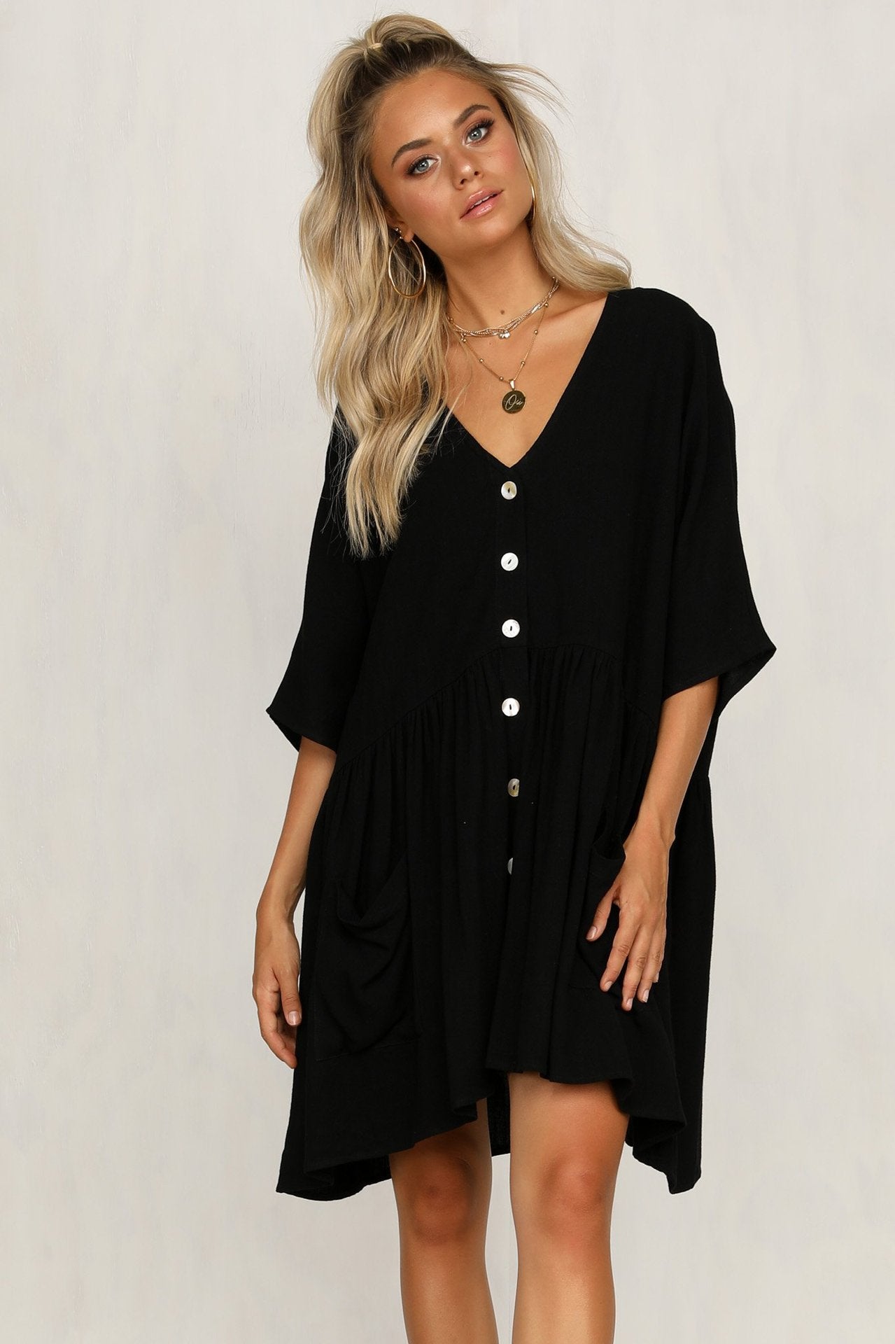 Pocketed Palmer Button Down Babydoll Dress Black