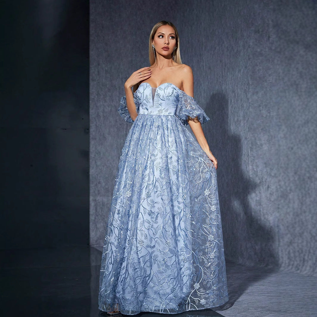 Shoulder Off Mesh Embroidered Evening Dress Ball Cocktail Niche Dress