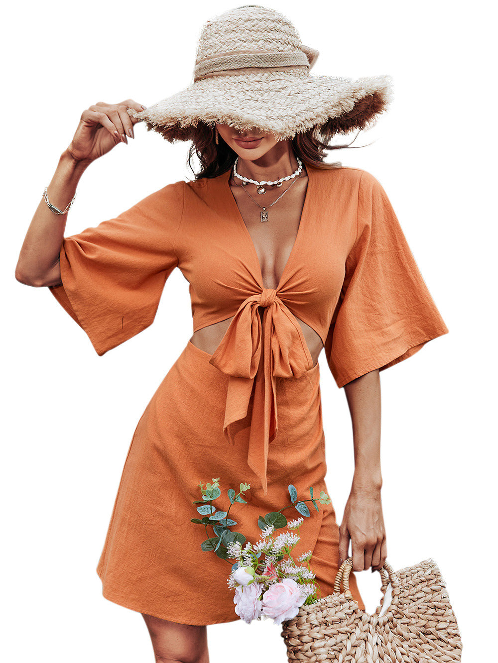 Linen Jenner Blend Tie Front Cutout Midi Dress Orange