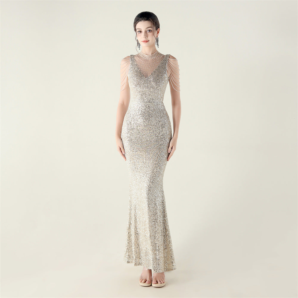 High Neck Fishtail Evening Dress Pearl Embroidery Sequined Crystal Diamond Decorations Red Carpet Wedding Cocktail Dress