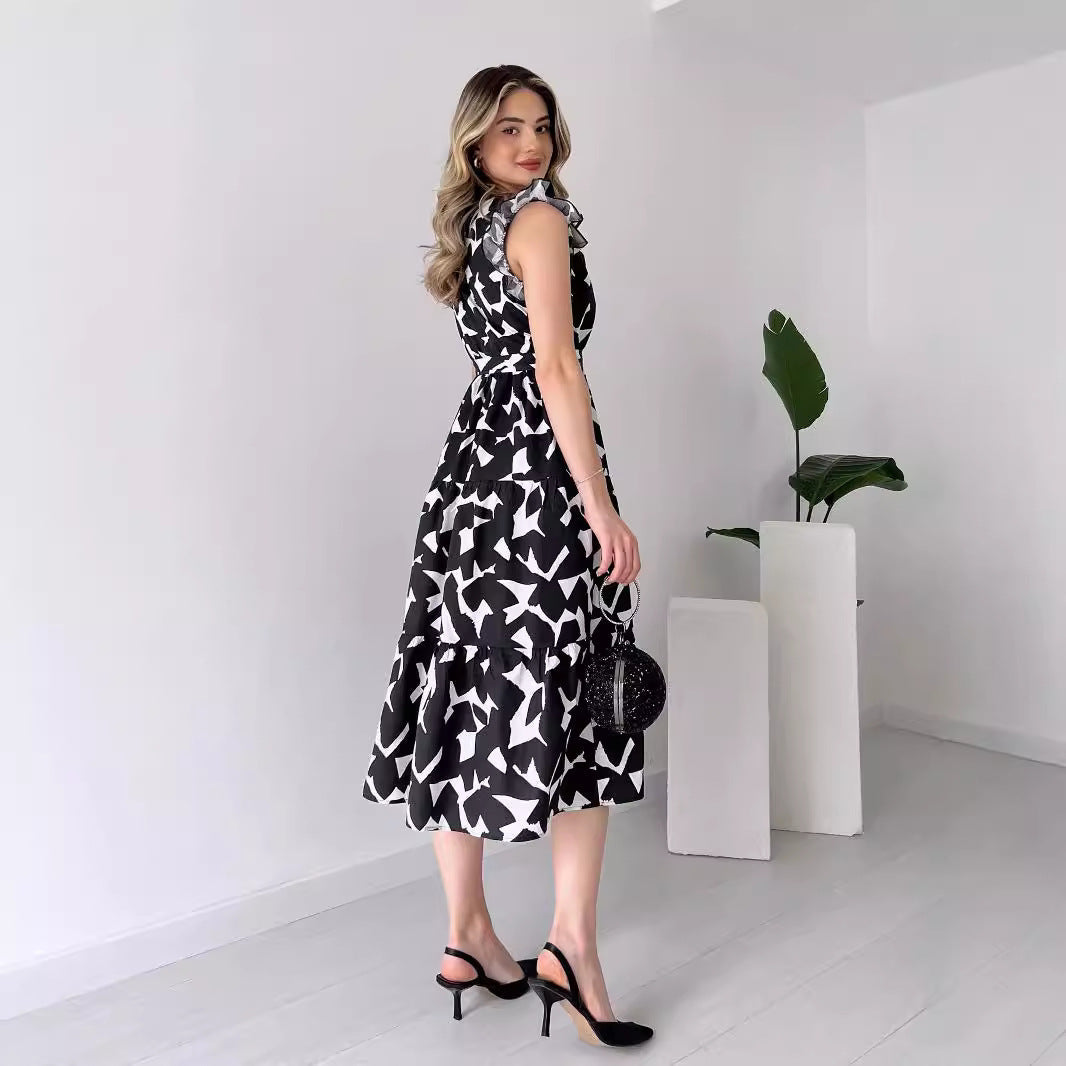 Refined Dress V neck Slimming Waist Trimming Lace up Black White Printed Midi Dress