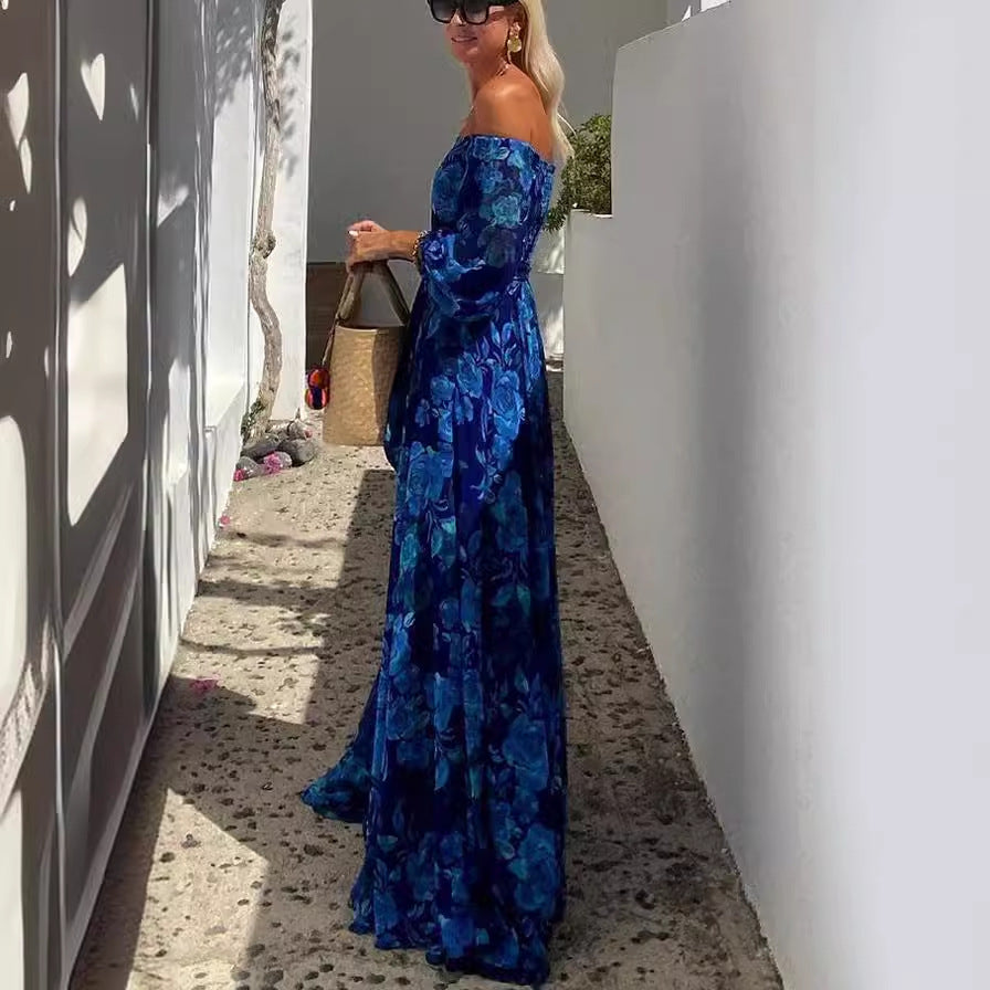 Attractive off Neck Printed Large Swing Maxi Dress