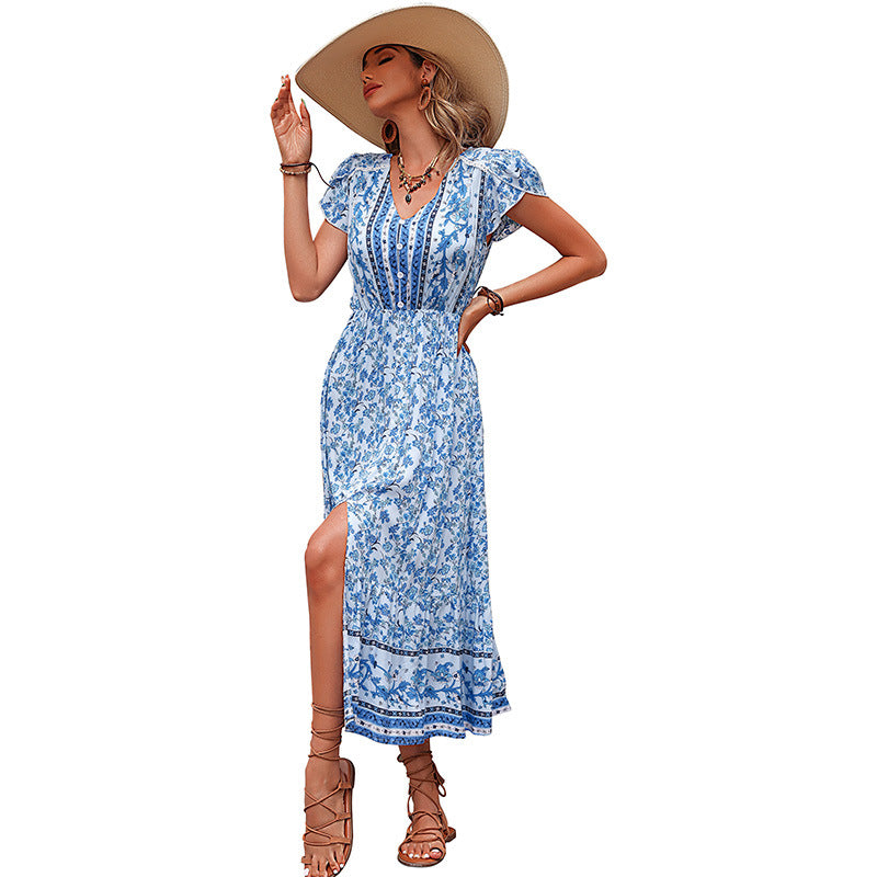 On Cloud Nine Botanical Smocked Puff Sleeve Midi Dress