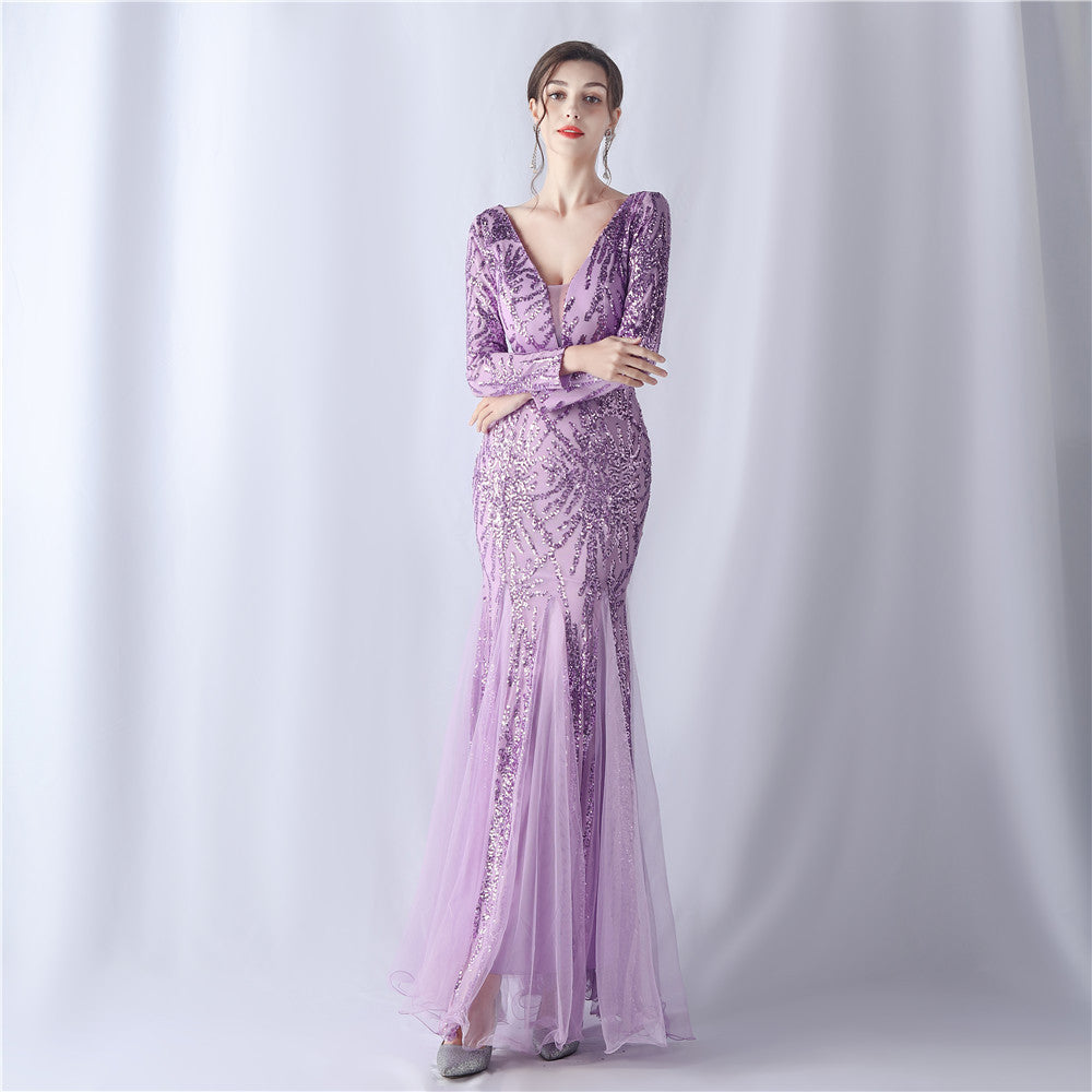 Mesh Sequin Wedding Dinner Annual Meeting Host Extended Sleeve Evening Dress