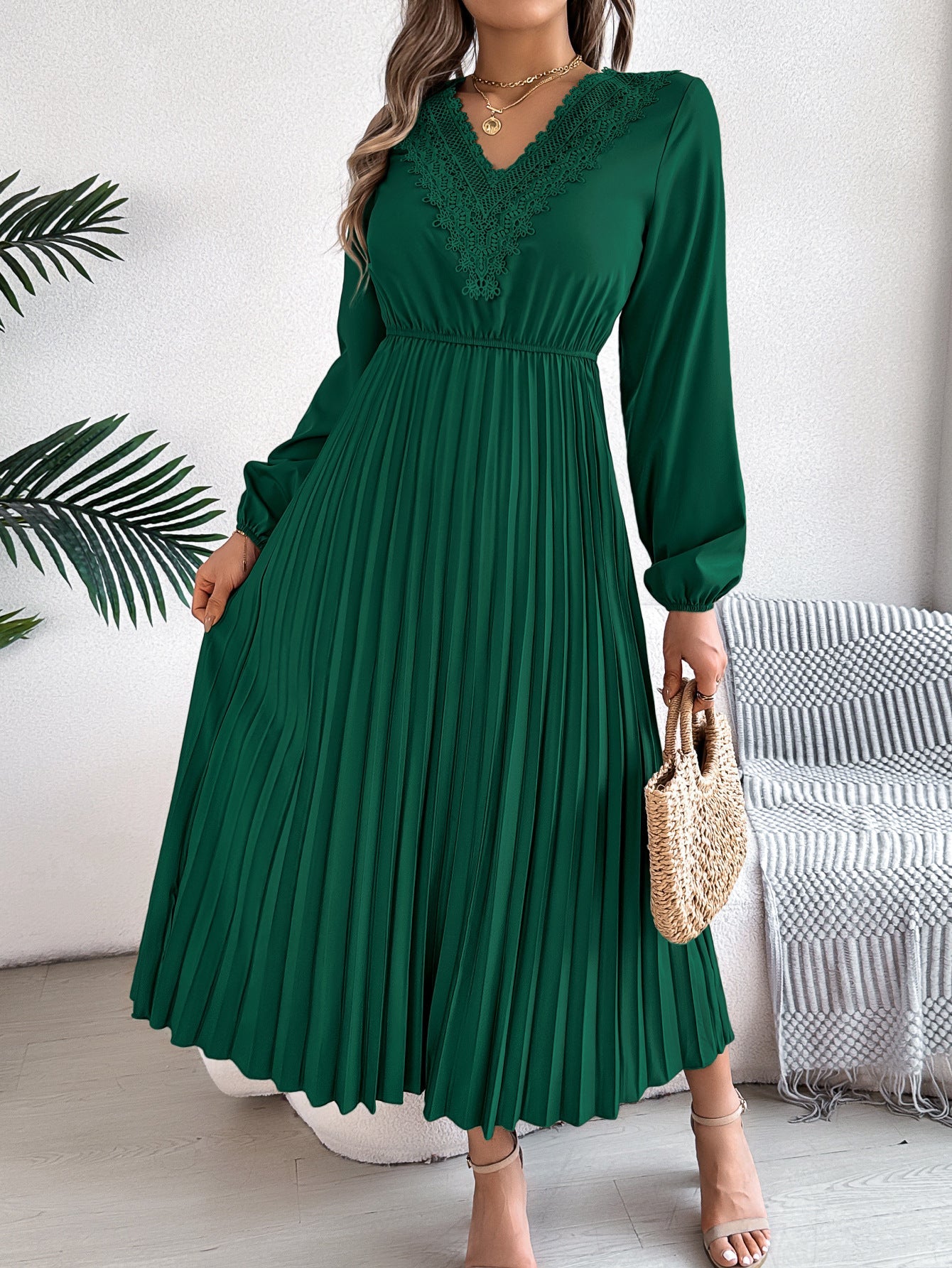 Spring Summer Refined V neck Lace Cinched Pleated Maxi Dress Women Clothing