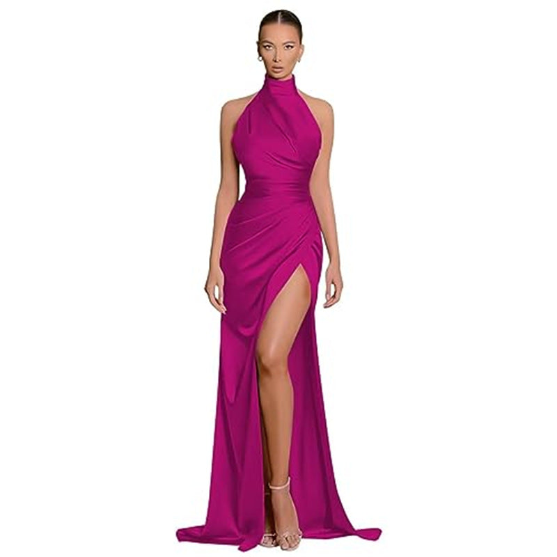 Satin Havyn Asymmetrical Halter Midi Dress Green