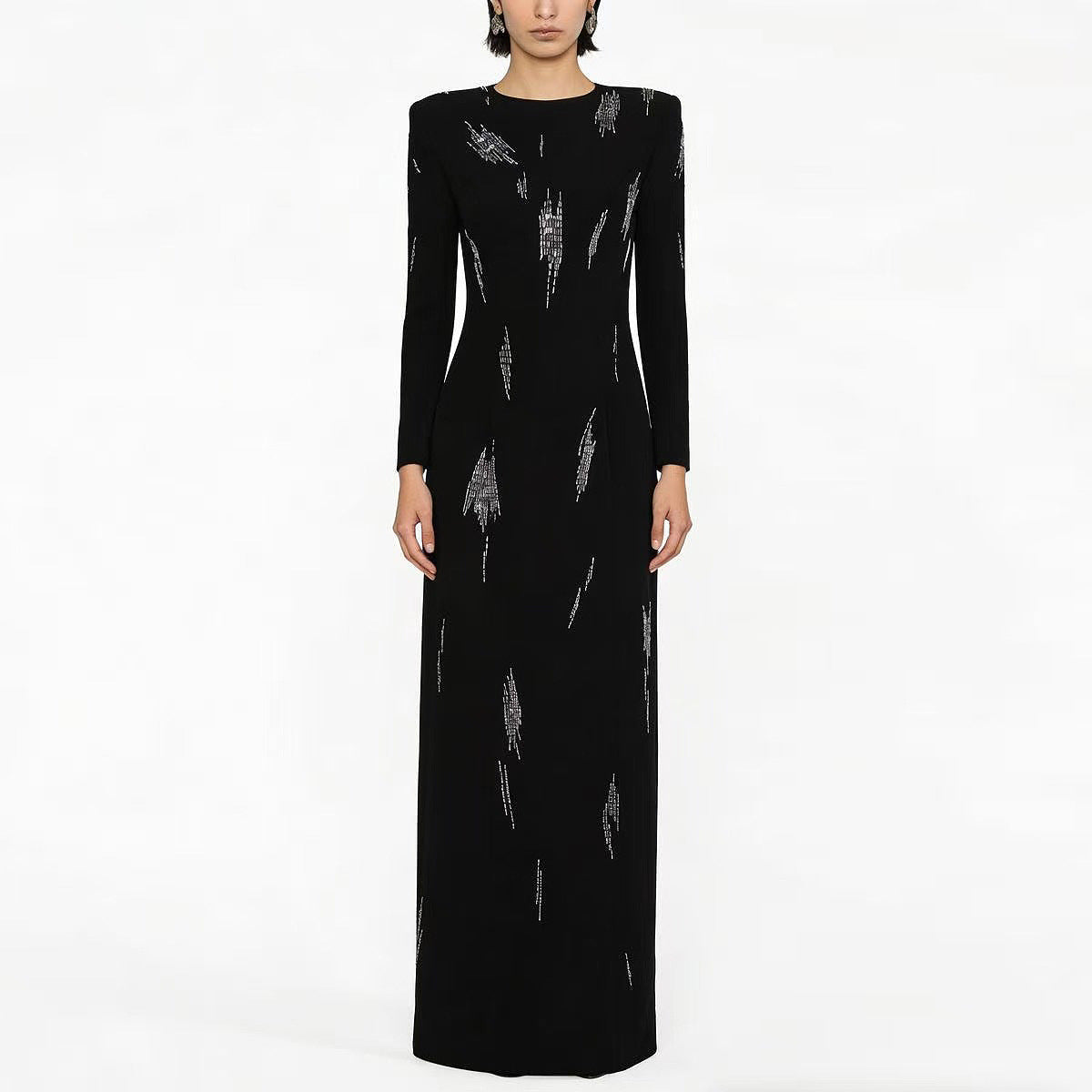 Spring Autumn round Neck Waist Slimming Bead Long Long-Sleeved Maxi Dress Women