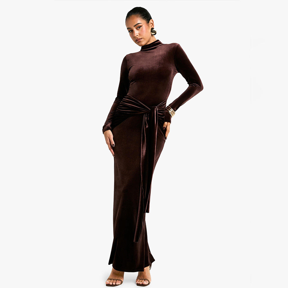 Autumn Winter Chic Women Clothing Dress Half High Collar Long Sleeves Solid Color Maxi Dress Lace up Pleated Dress