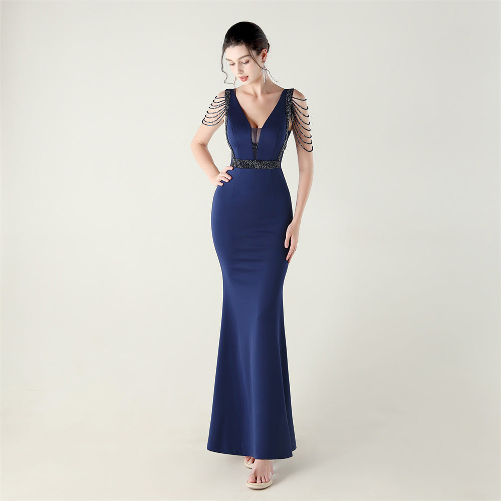 Deep V Plunge neck High Density Beaded Decoration Slim Slimming Evening Dress Cocktail Wedding Performance