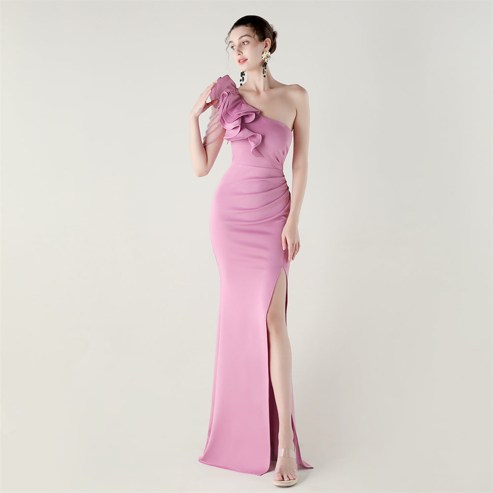 One Shoulder Craft Beading Wave Flower Satin High Slit Sexy Evening Dress Dinner Party Wedding Social