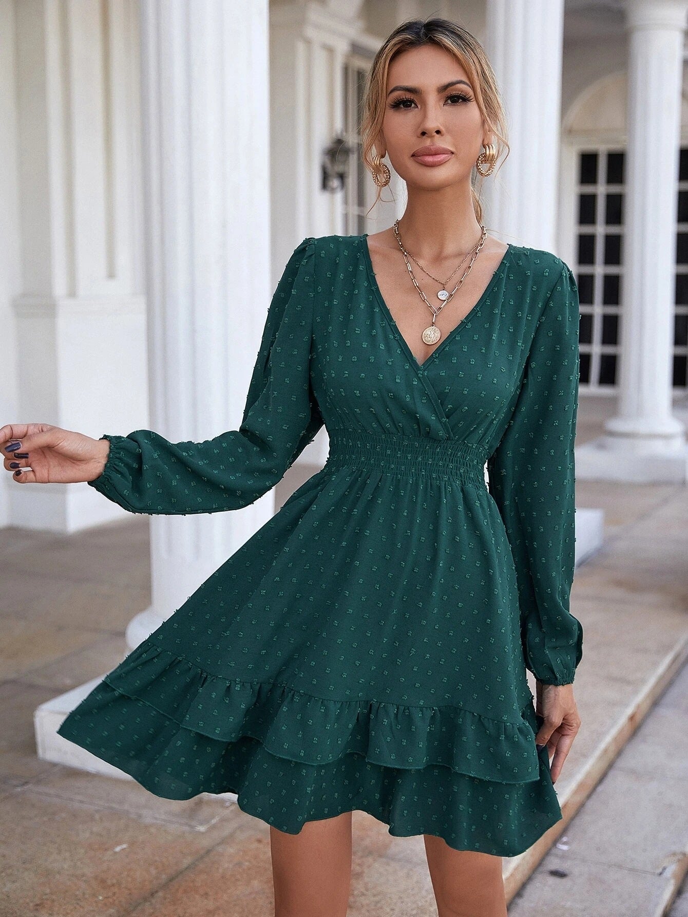 Satin Samar Embossed Cowl Neck Dress Hunter Green