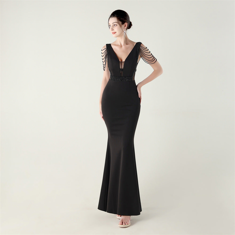 Deep V Plunge neck High Density Beaded Decoration Slim Slimming Evening Dress Cocktail Wedding Performance