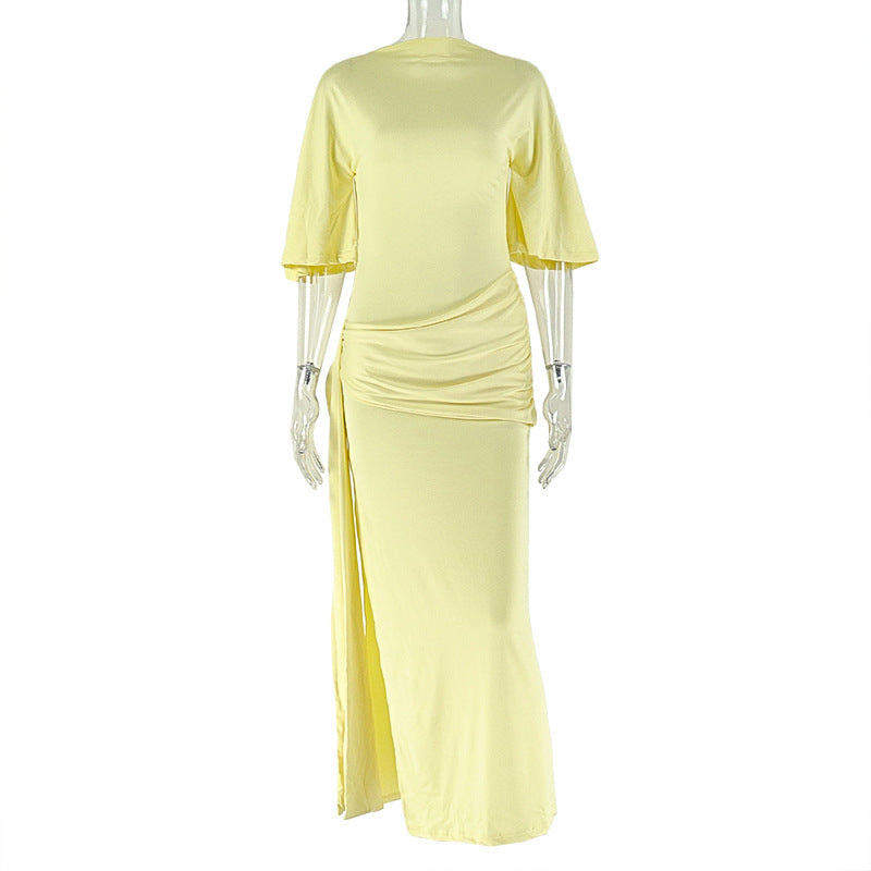 Women Clothing Backless Attractive Pleated Loose Hip Dress off Neck Lace up Split Maxi Dress