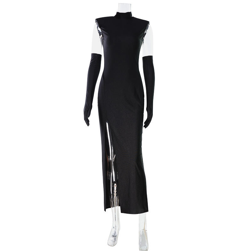 Sleeveless Refined Women Red Carpet Cocktail Dress Sleeveless Solid Color High Slit Slim Fit Maxi Dress with Gloves