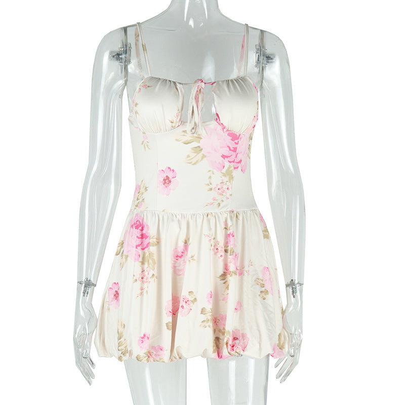 High ElegantPrinted Waist Design Short Strap Princess Dress for