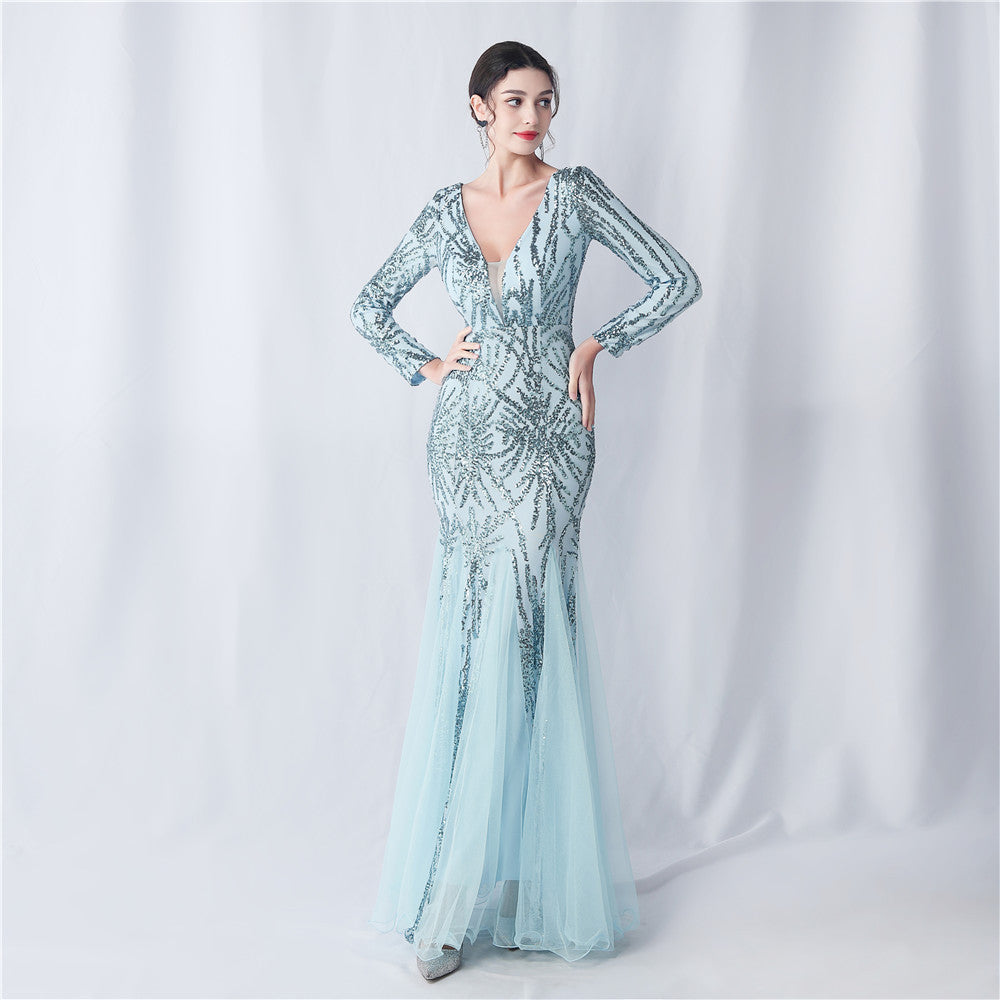Mesh Sequin Wedding Dinner Annual Meeting Host Extended Sleeve Evening Dress