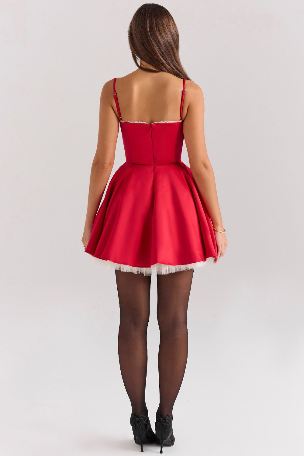 Sweetheart Satin Lace Trim Tulle Mini Dress