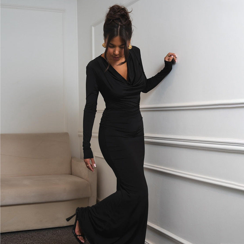 Collar Swing Long Sleeve Pleated Slim Sheath Dress