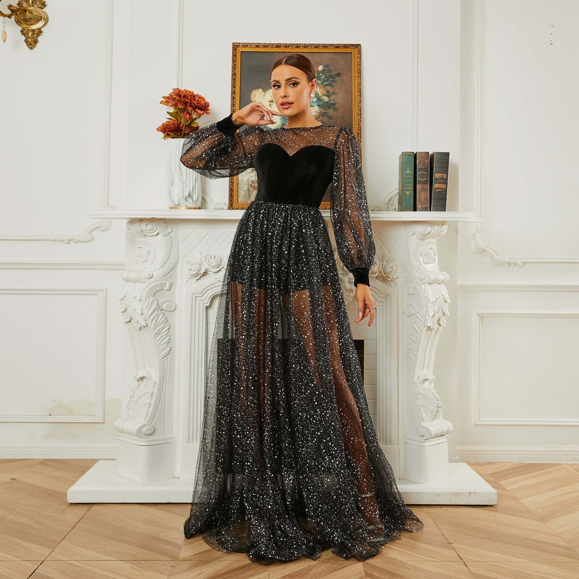 Sleeved Long round Neck Cocktail Sequin Gauze Large Swing Evening Dress Bridesmaid
