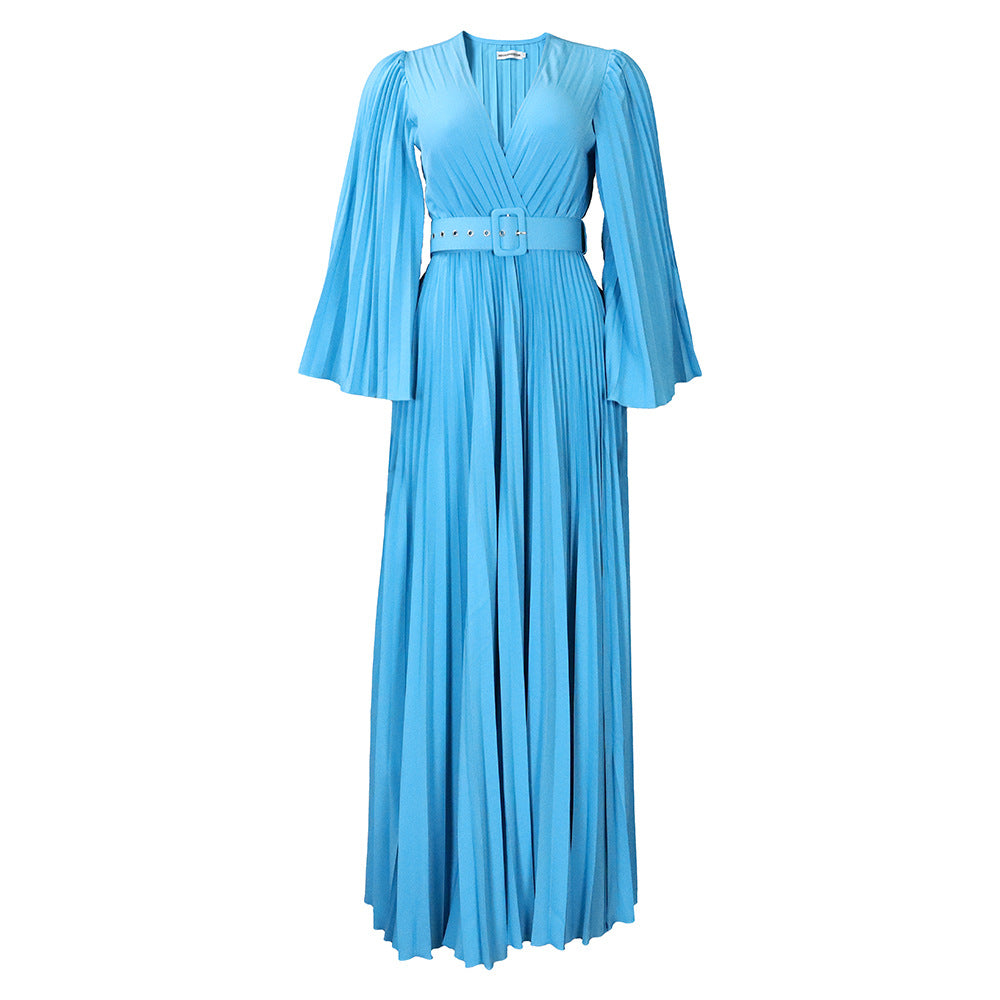 Women Clothing V neck Attractive Pleated Formal Swing Dress Maxi Dress