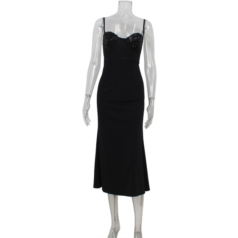 Sequin Stitching Tube Top Cinched Waist Light Upscale Cocktail Evening Dress Fishtail Sheath Cami Dress