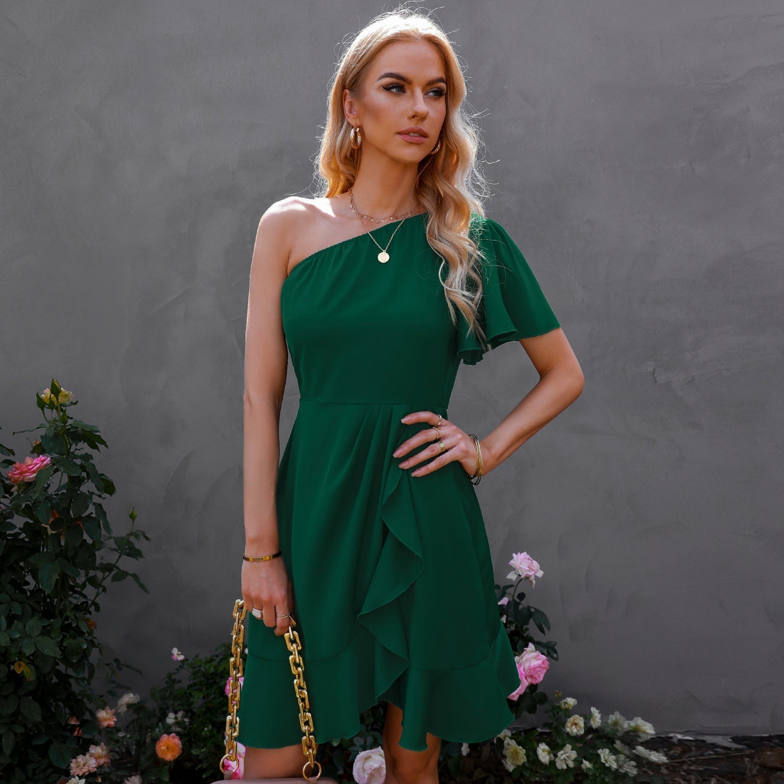 Satin Kaine One Shoulder Ruffle Dress Hunter Green FINAL