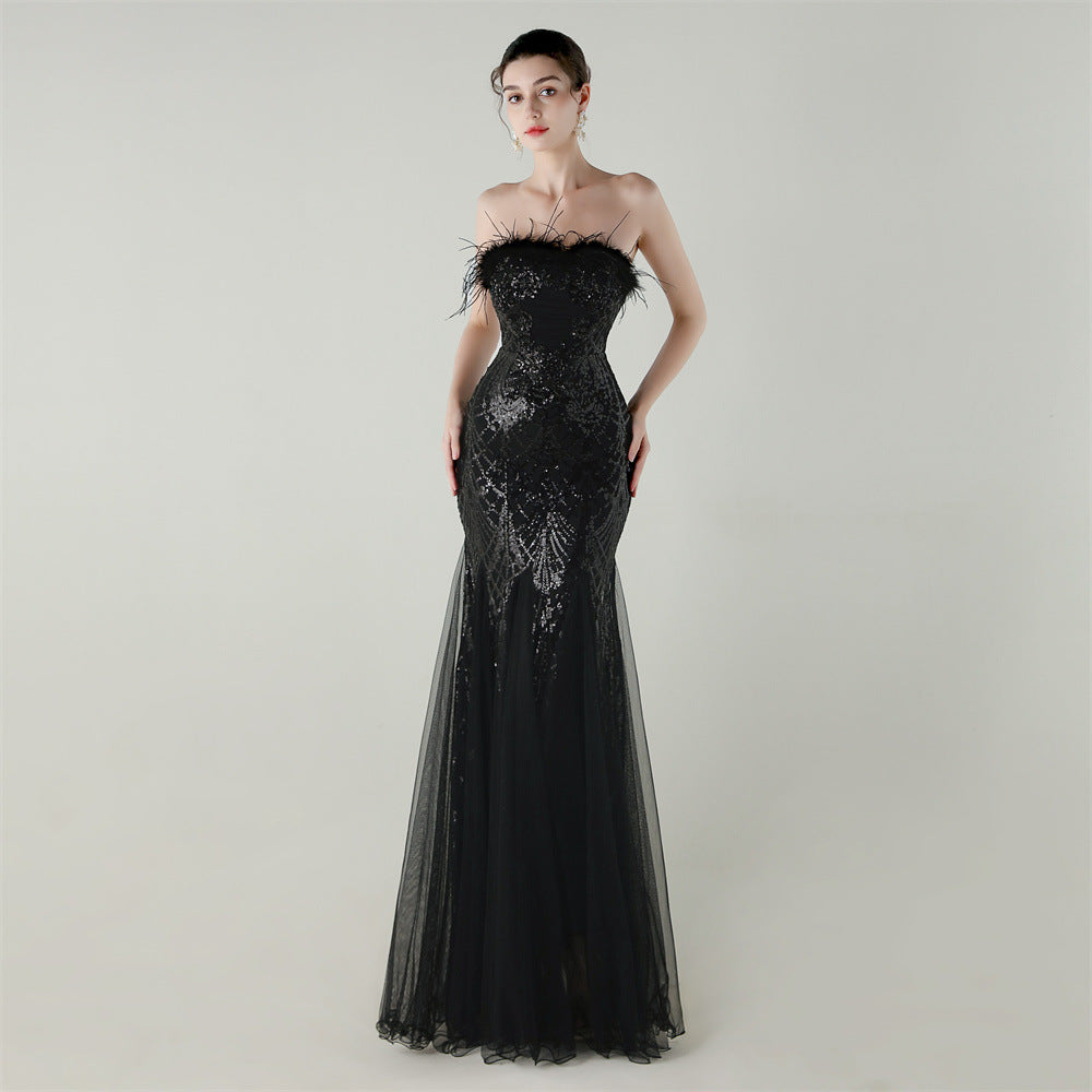 Sequin Beaded Tube Flower Ostrich Feather Tube Top Cross Strap Mesh Fishtail Evening Dress Cocktail Wedding
