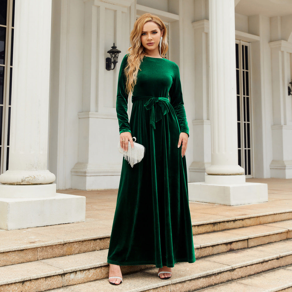 Autumn Winter Refined Graceful Socialite Maxi Dress Gold Velvet Solid Color High Grade Dress