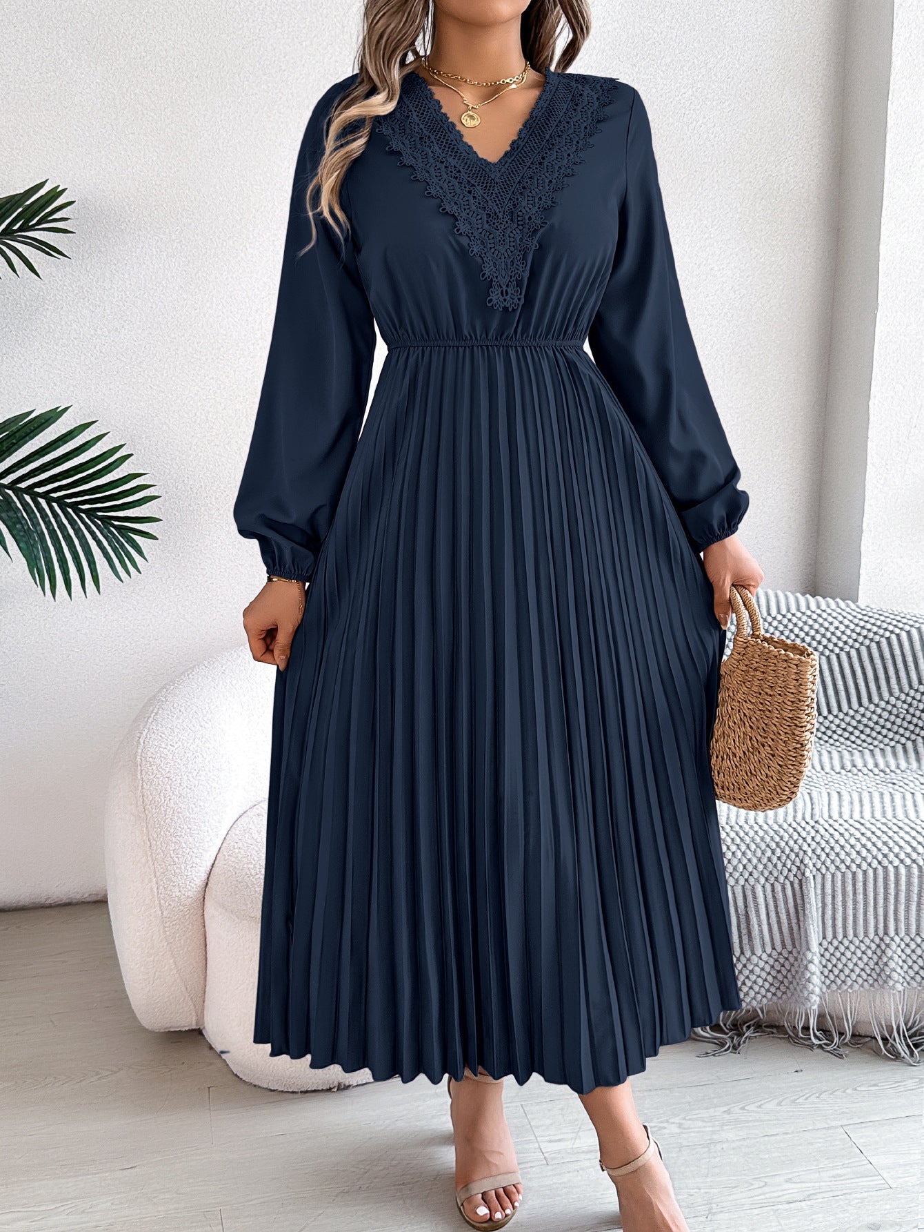 Spring Summer Refined V neck Lace Cinched Pleated Maxi Dress Women Clothing