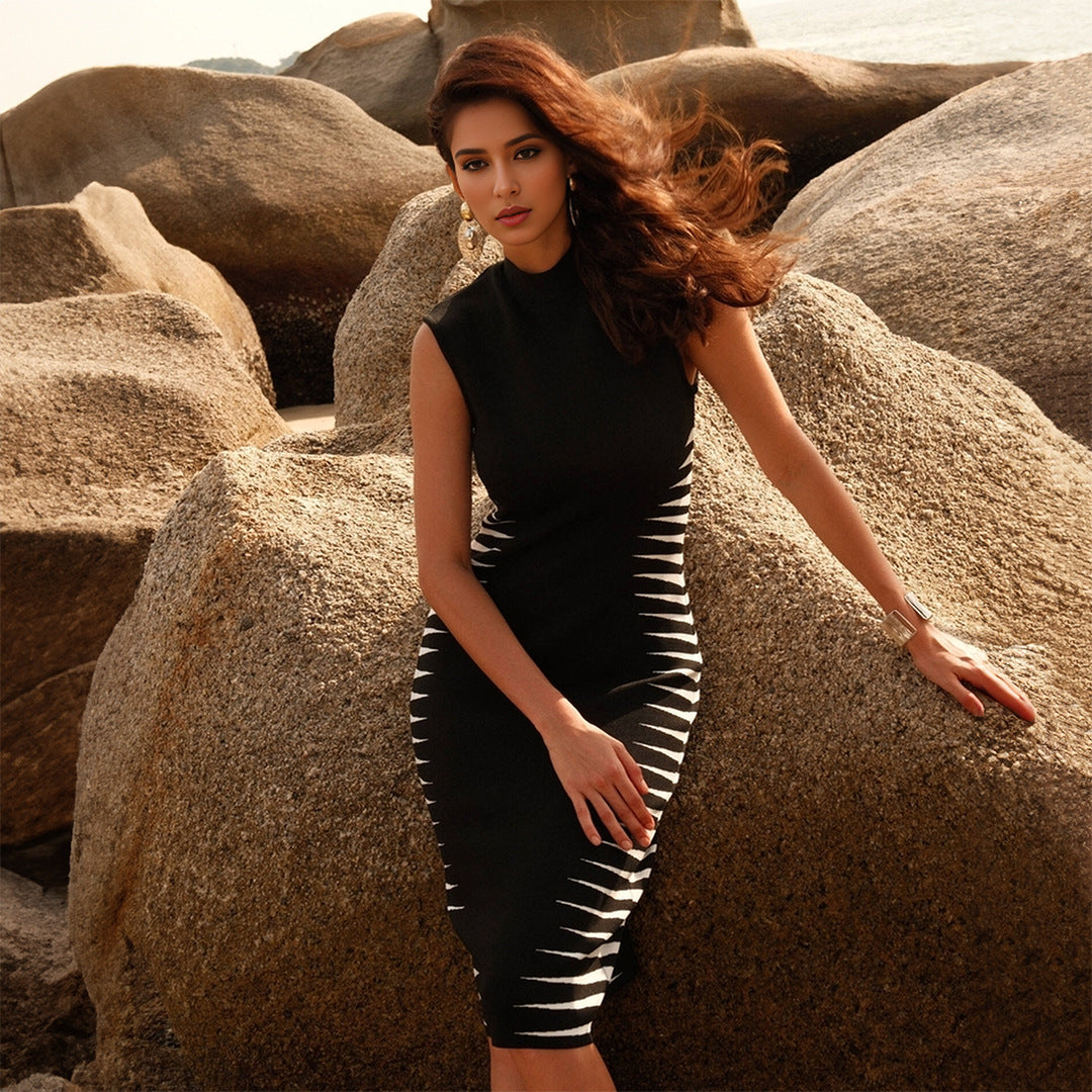 White Black Striped Contrast Color Sleeveless Turtleneck Knitting Bandage Dress High Grade Tight