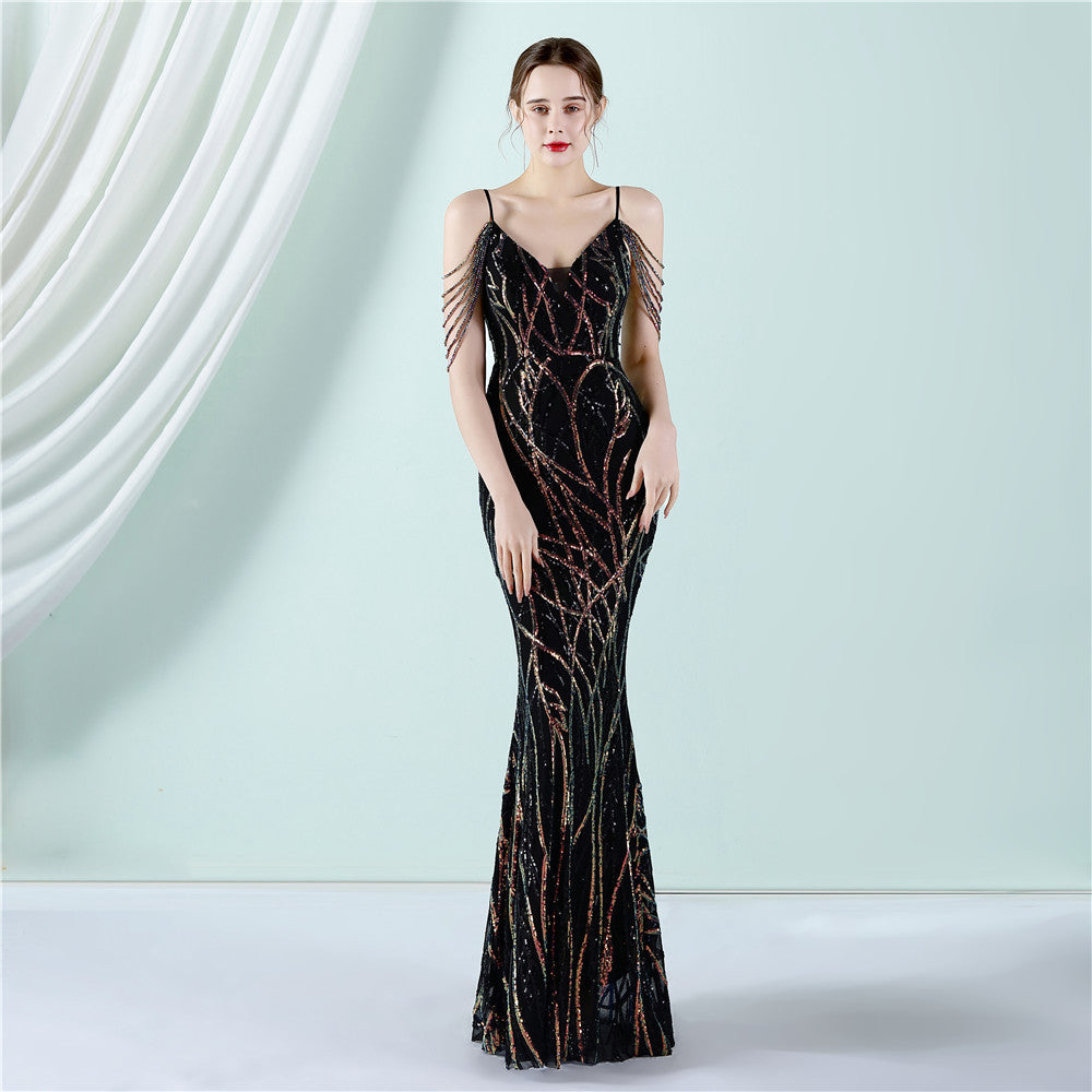 Sling Sequin Toast Dress Bride Extended Appreciation Dinner Slim-Fit Fishtail Wedding Car Model Exhibition Dress