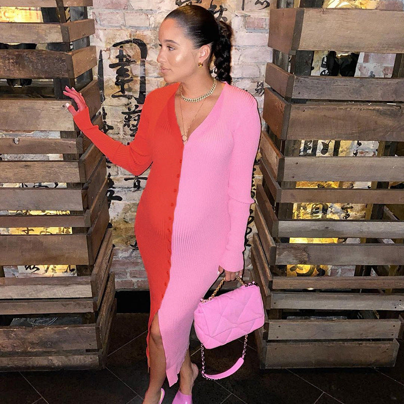 Colorblock Abril Button Front Knit Midi Dress Red Tan