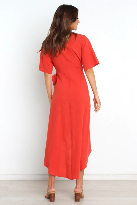Ruffle Santos Wrap Midi Dress Rust
