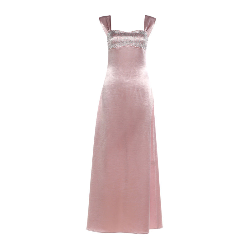 Autumn Winter Women Refined Strap Tube Top Backless Rhinestone Waist Tight Maxi Dress for Women