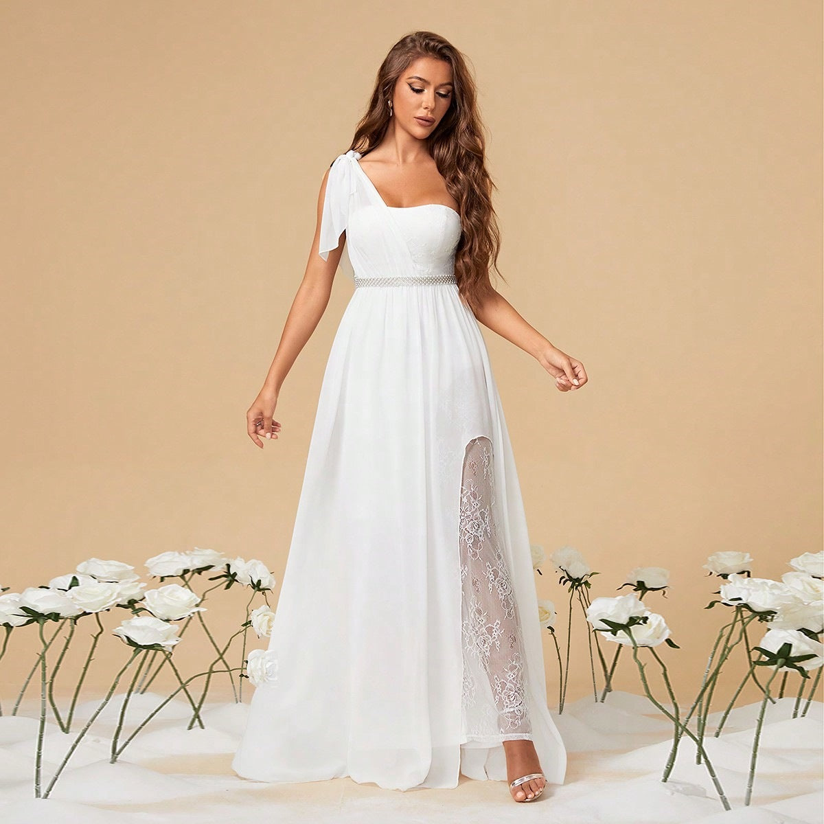 Shoulder One Dress White Slit See through Waist Slimming Annual Party Evening Dress