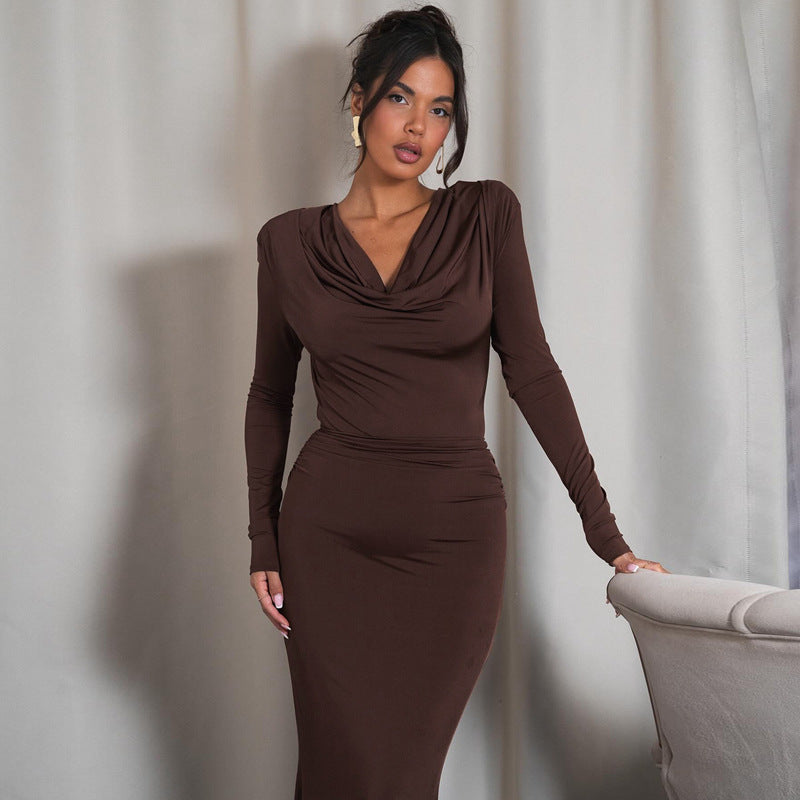 Collar Swing Long Sleeve Pleated Slim Sheath Dress