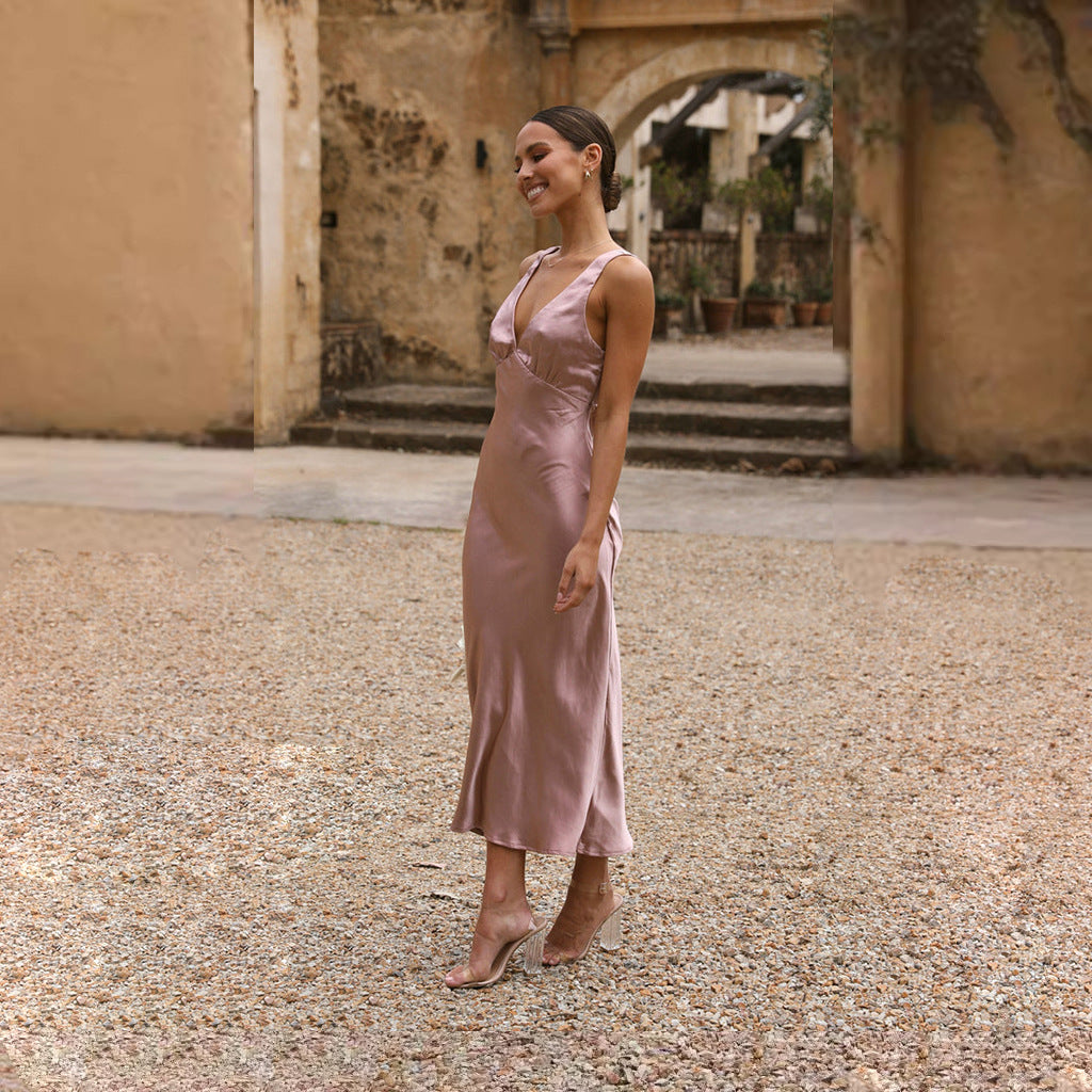 Sling Split Dress V neck Midi