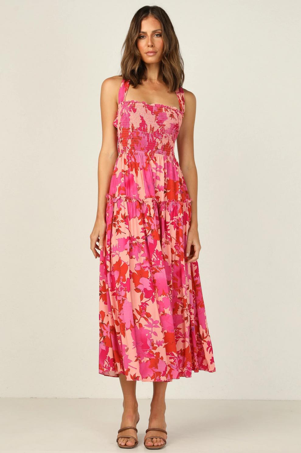 Edris Cotton Botanical Tiered Midi Dress Coral Pink