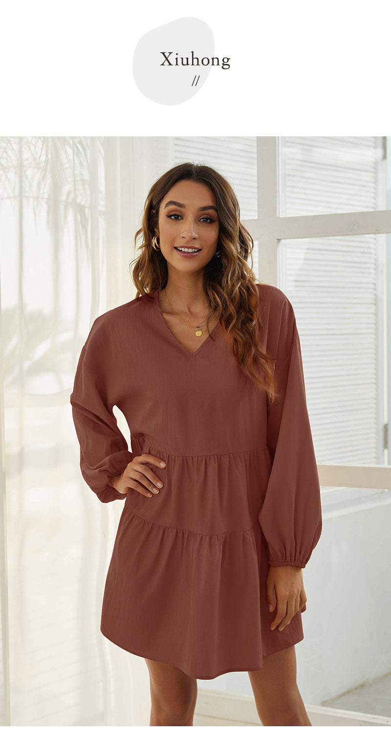 From Autumn To Spring Cotton Babydoll Dress Comfortable Rust