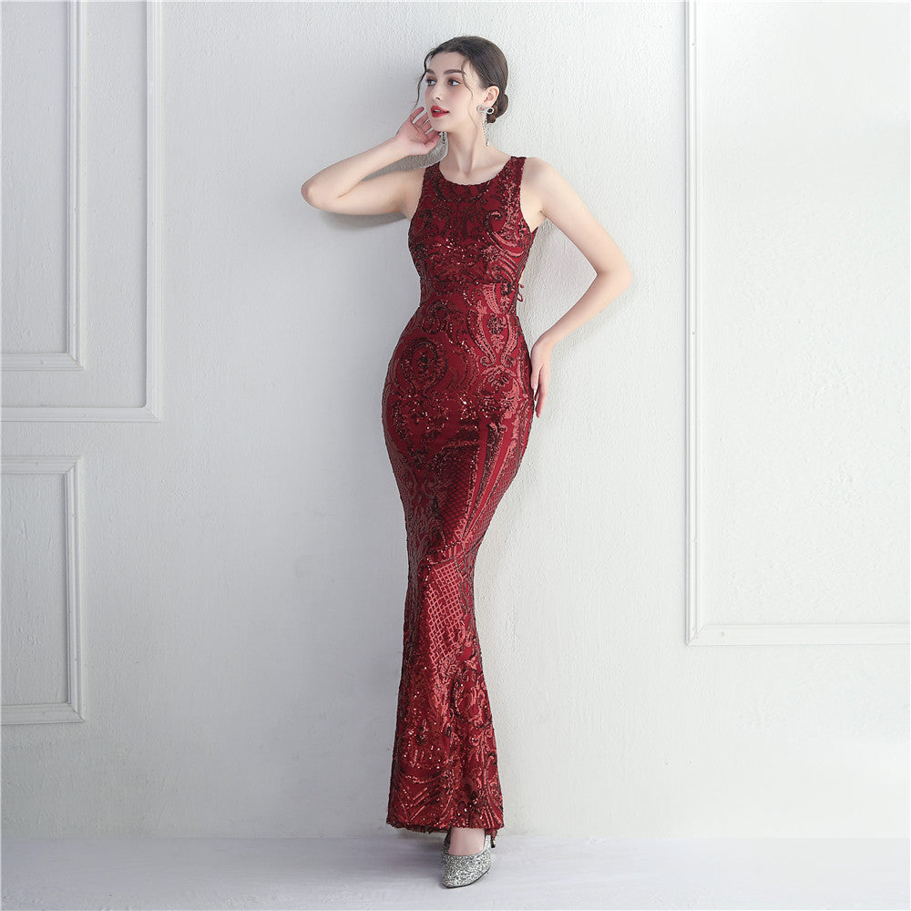 Bare Back Beaded Craft Sequined Embroidery Stage Concert Car Model Cocktail Wedding Ceremony Extended Evening Dress