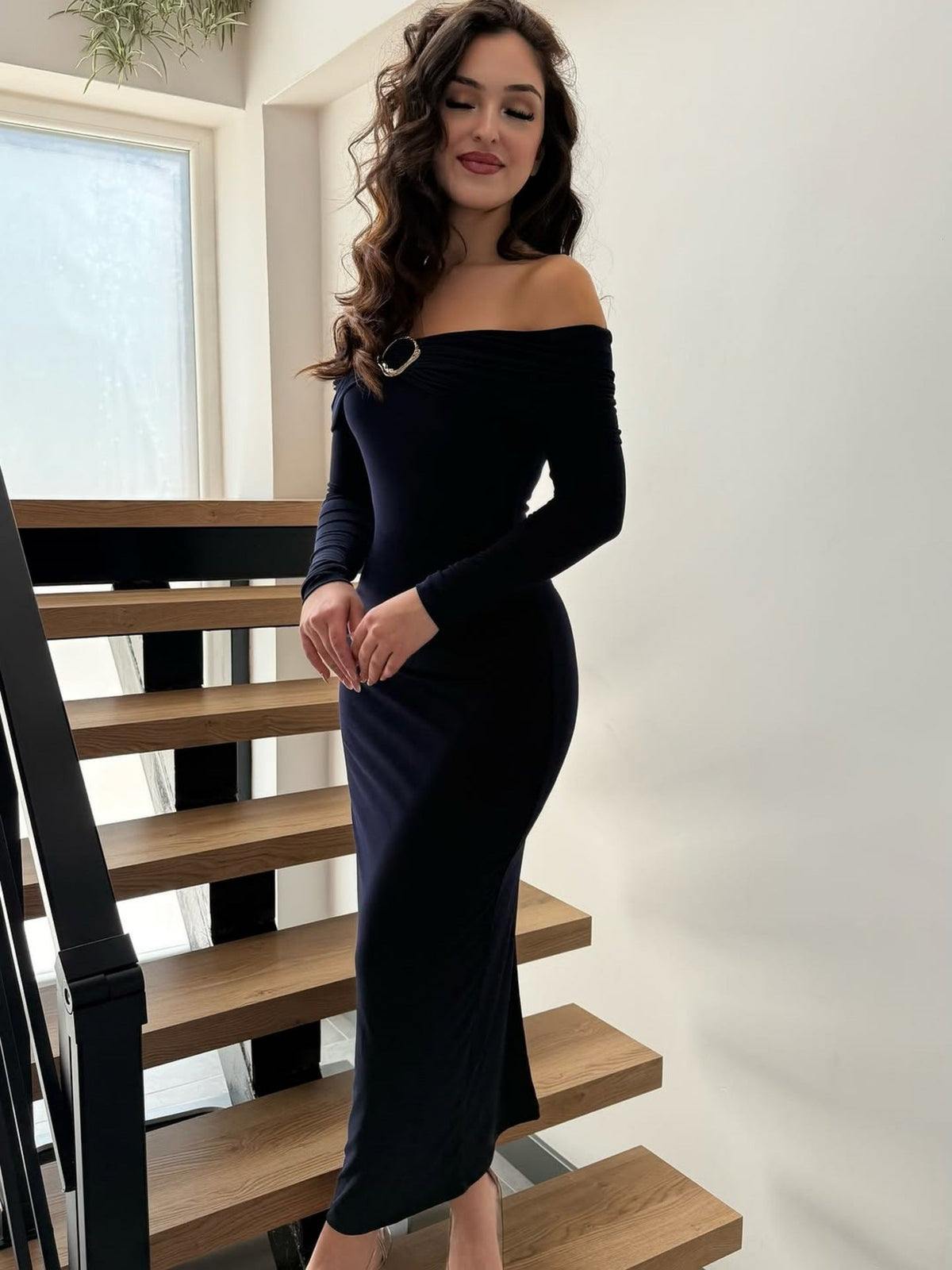 Women Clothing Fall Chic Tube Top off Neck Solid Color Midi Dress