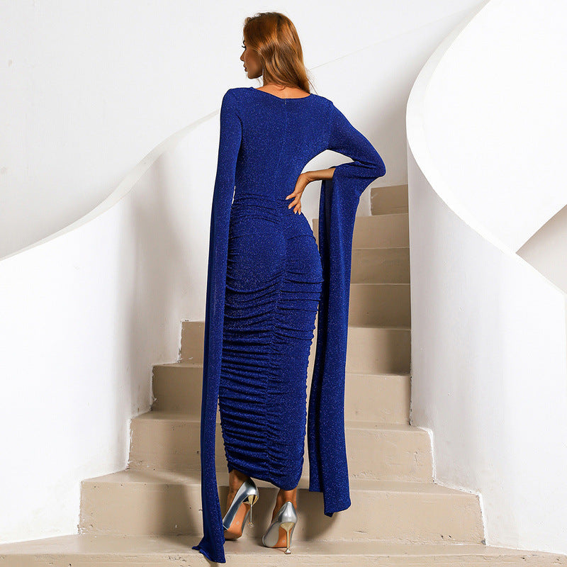 Neck Super Long Sleeve Hepburn Graceful Sheath Elegant Socialite Fishtail Evening Dress for